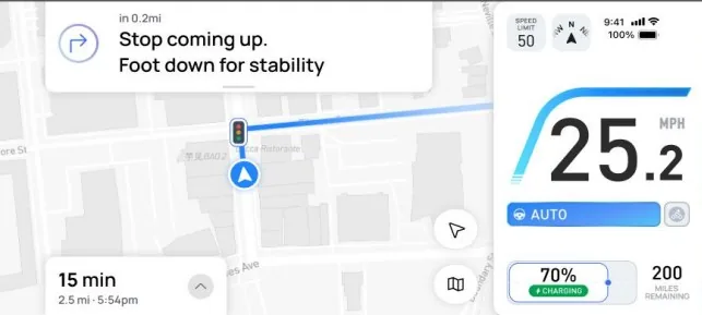 A mockup of the app screen with navigation and automode activated